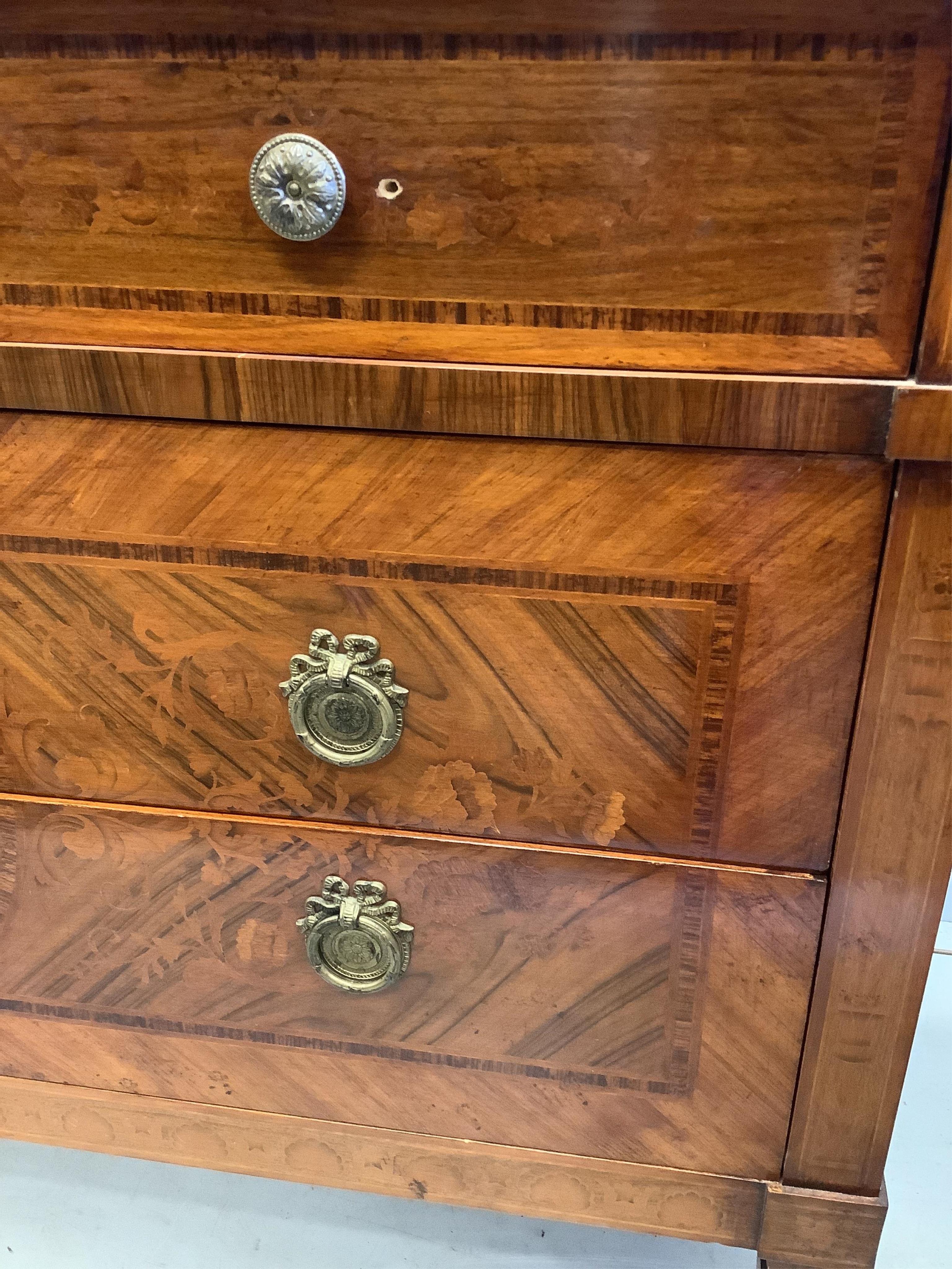 A pair of reproduction Milanese style marquetry inlaid kingwood commodes, width 128cm, depth 54cm, height 88cm. Condition - fair